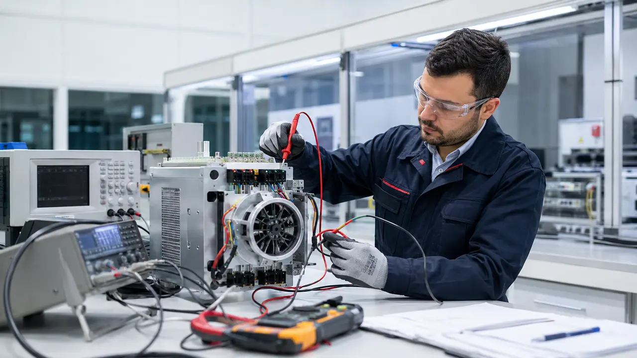 Elektrikli ekipman üzerinde CE ürün uygunluk testi yapan mühendis